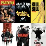 Kolaż plakatów filmowych Quentina Tarantino: Reservoir Dogs, Pulp Fiction, Jackie Brown, Kill Bill Vol. 1 i 2, Death Proof, Bękarty Wojny, Django, Nienawistna Ósemka, Pewnego razu... w Hollywood.