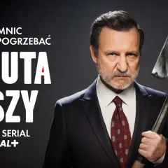 Mężczyzna w garniturze trzyma łopatę z wizerunkiem innej twarzy. Tajemniczy film "Minuta ciszy" już wkrótce.