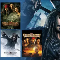 Plakaty filmów z serii Piraci z Karaibów, w tym kolejność: Klątwa Czarnej Perły, Skrzynia Umarlaka, Na krańcu świata, Na nieznanych wodach, Zemsta Salazara.