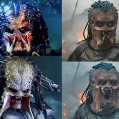 Cztery zbliżenia na twarze Predatorów z filmów. Widać ich charakterystyczne maski, dredy i ostre kły.