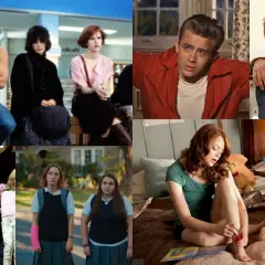 Kolaż filmowy z wartościowe filmy dla młodzieży: "The Breakfast Club", "Buntownik bez powodu", "Goonies", "High School Musical", "Lady Bird", "Easy A".