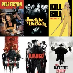 Kolaż plakatów filmowych Quentina Tarantino: Reservoir Dogs, Pulp Fiction, Jackie Brown, Kill Bill Vol. 1 i 2, Death Proof, Bękarty Wojny, Django, Nienawistna Ósemka, Pewnego razu... w Hollywood.