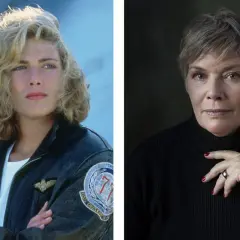 Kelly McGillis w młodości w kurtce lotniczej i jako starsza kobieta w czarnym golfie. Ikona kina.