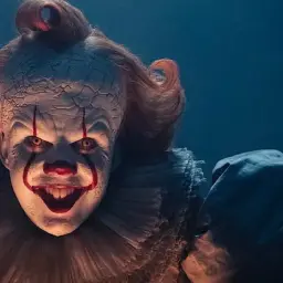Przerażający klaun Pennywise z czerwonymi włosami i makijażem, z uśmiechem zapowiadającym kłopoty.