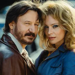 Para mężczyzny i kobiety, ona ma blond włosy i niebieskie cienie do powiek, on ma zarost. Wyglądają jak para z lat 70., może to różyczka z filmu.