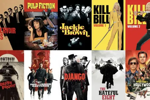 Kolaż plakatów filmowych Quentina Tarantino: Reservoir Dogs, Pulp Fiction, Jackie Brown, Kill Bill Vol. 1 i 2, Death Proof, Bękarty Wojny, Django, Nienawistna Ósemka, Pewnego razu... w Hollywood.
