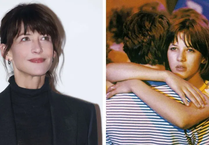 Sophie Marceau w kadrze z jednego ze swoich filmów, obok jej aktualnego portretu.