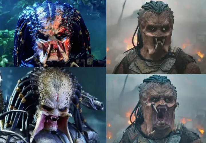 Cztery zbliżenia na twarze Predatorów z filmów. Widać ich charakterystyczne maski, dredy i ostre kły.