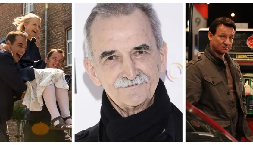 Kadr z życia Marka Koterskiego filmy: śmiech, portret i mężczyzna przy dystrybutorze paliwa.