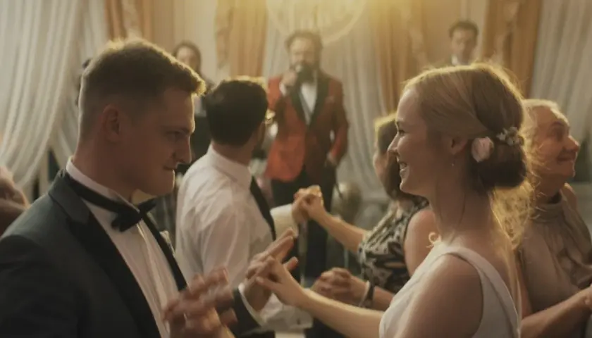 Para młoda tańczy na weselu, jak w filmach Wojciecha Smarzowskiego. W tle wodzirej z mikrofonem.