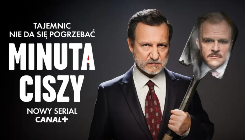 Mężczyzna w garniturze trzyma łopatę z wizerunkiem innej twarzy. Tajemniczy film "Minuta ciszy" już wkrótce.