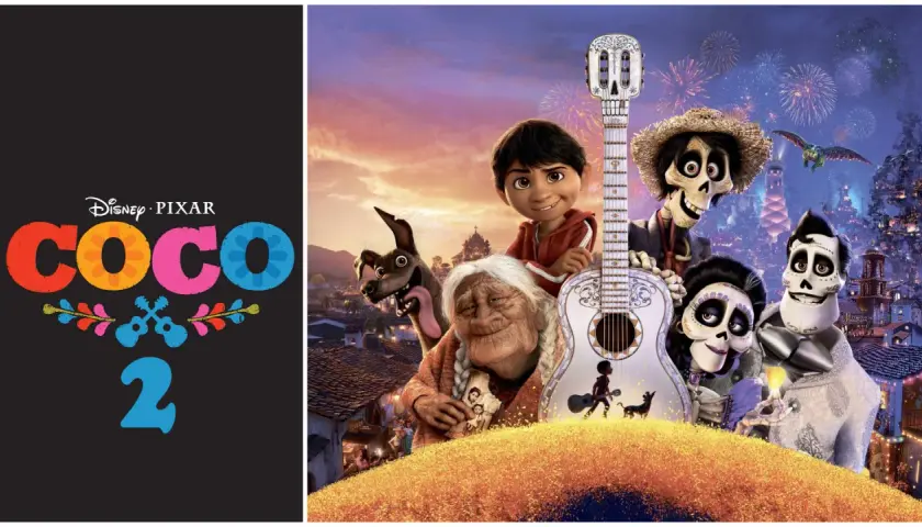 Plakat z napisem "Coco 2" i bohaterami filmu: Miguel, jego rodzina i pies Dante.