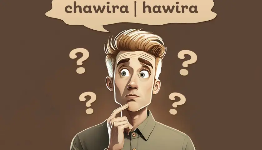 Zamyślony mężczyzna z pytajnikami wokół głowy zastanawia się nad słowami "chawira | hawira".