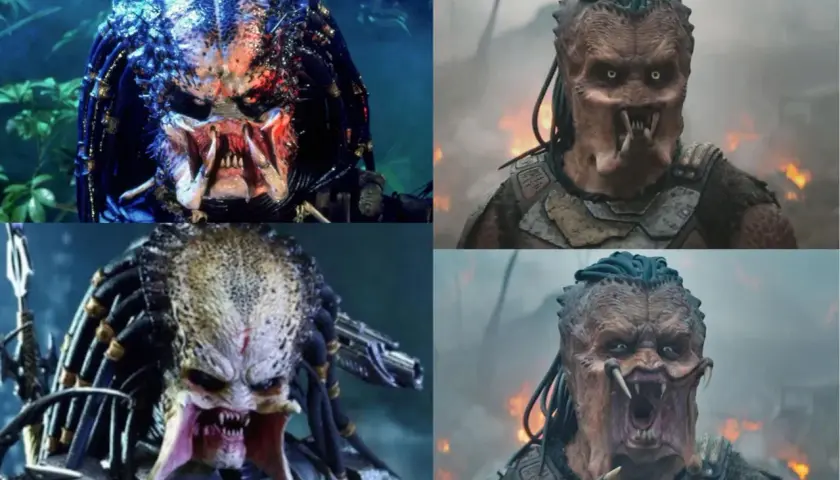 Cztery zbliżenia na twarze Predatorów z filmów. Widać ich charakterystyczne maski, dredy i ostre kły.
