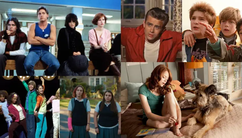 Kolaż filmowy z wartościowe filmy dla młodzieży: "The Breakfast Club", "Buntownik bez powodu", "Goonies", "High School Musical", "Lady Bird", "Easy A".