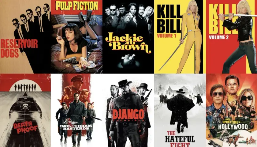 Kolaż plakatów filmowych Quentina Tarantino: Reservoir Dogs, Pulp Fiction, Jackie Brown, Kill Bill Vol. 1 i 2, Death Proof, Bękarty Wojny, Django, Nienawistna Ósemka, Pewnego razu... w Hollywood.