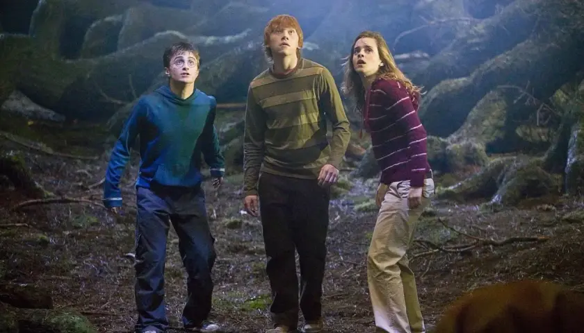 Harry, Ron i Hermiona w mrocznym lesie, szukając czegoś w Harry Potter 5.