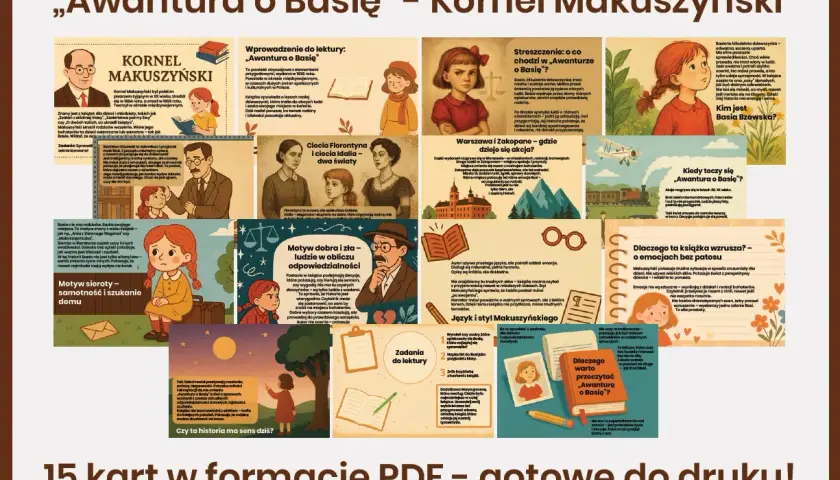 Książka "Awantura o Basię" Kornela Makuszyńskiego. 15 kart PDF z materiałami do druku: streszczenie, motywy, zadania.