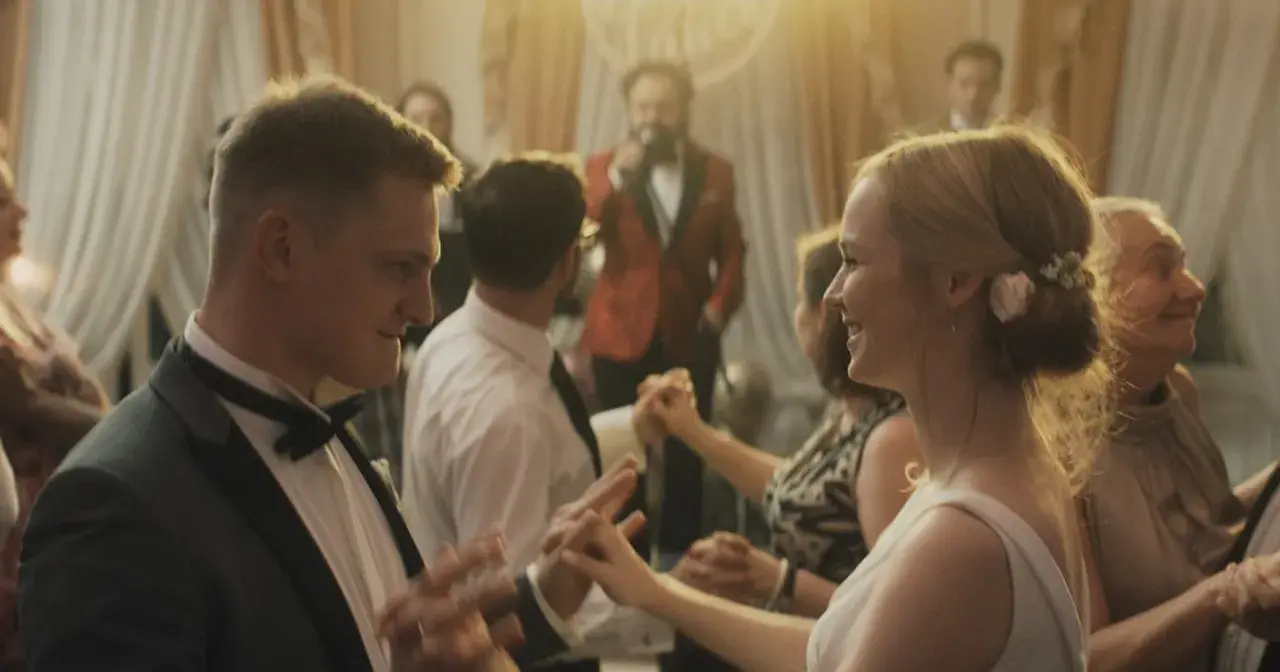 Para młoda tańczy na weselu, jak w filmach Wojciecha Smarzowskiego. W tle wodzirej z mikrofonem.