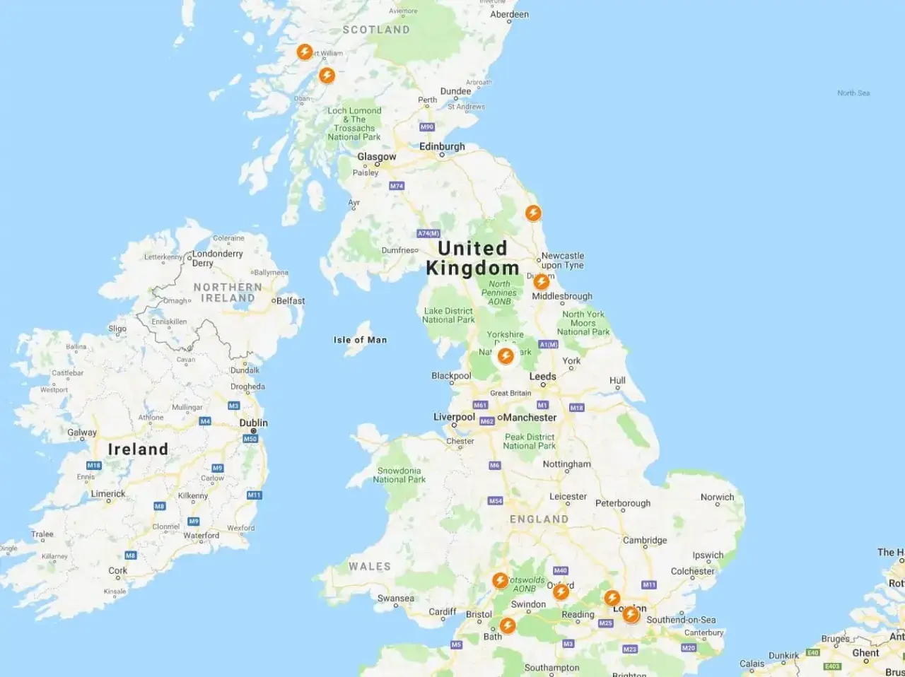Mapa Wielkiej Brytanii z zaznaczonymi miejscami, gdzie kręcono sceny do filmu "Harry Potter".