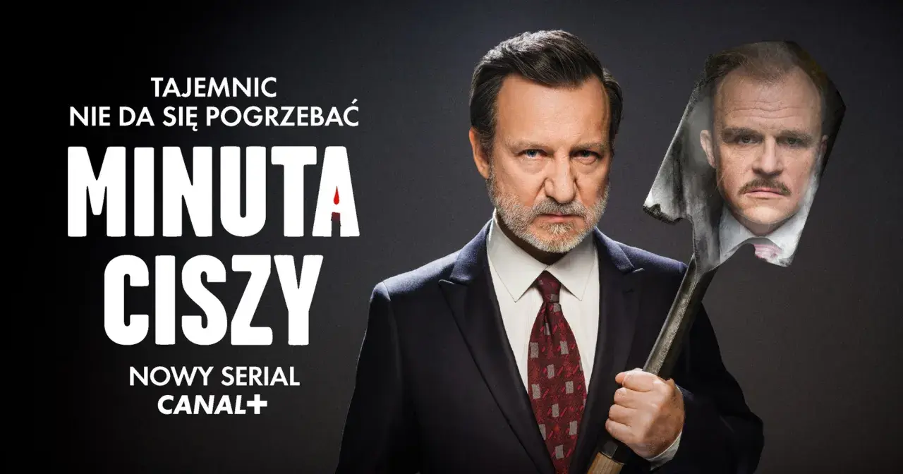 Mężczyzna w garniturze trzyma łopatę z wizerunkiem innej twarzy. Tajemniczy film "Minuta ciszy" już wkrótce.