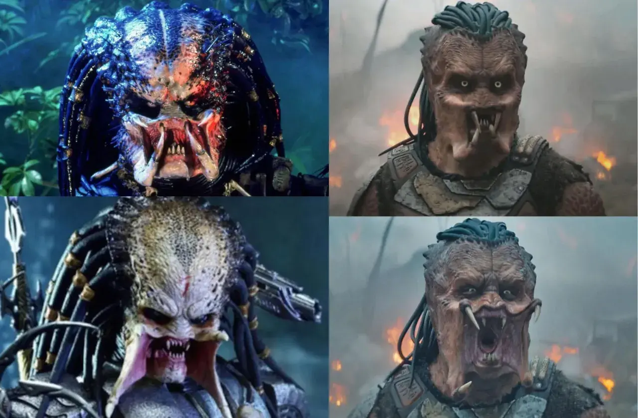 Cztery zbliżenia na twarze Predatorów z filmów. Widać ich charakterystyczne maski, dredy i ostre kły.
