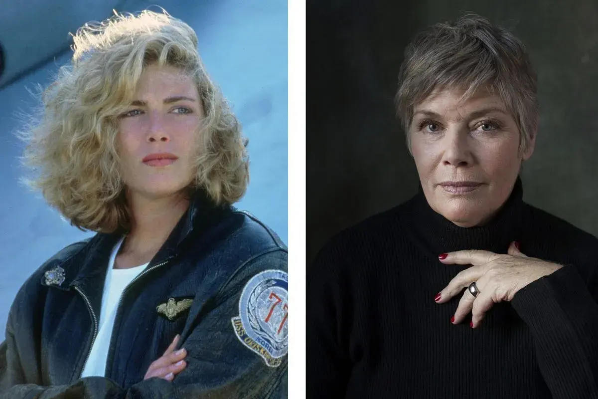 Kelly McGillis w młodości w kurtce lotniczej i jako starsza kobieta w czarnym golfie. Ikona kina.