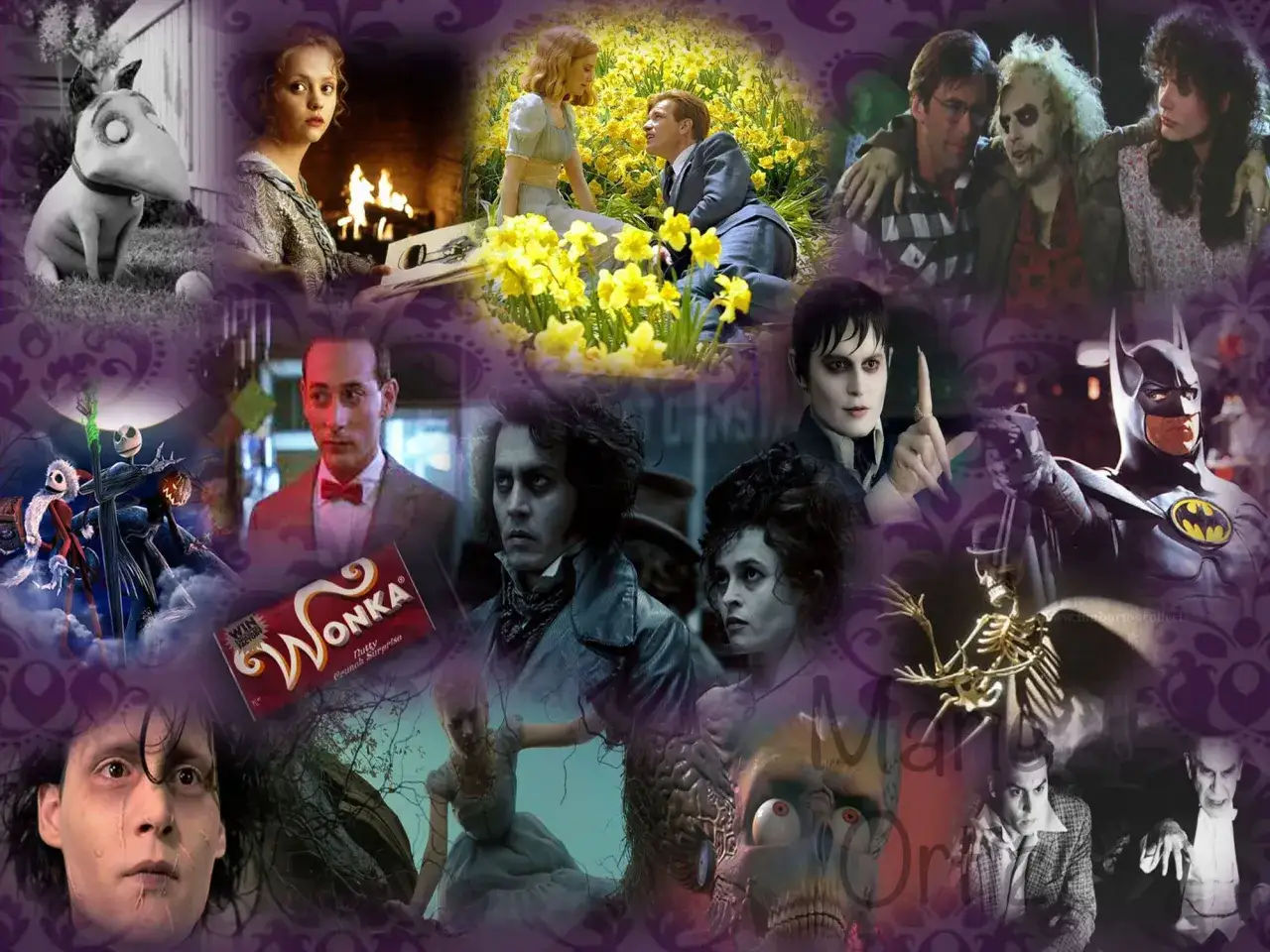 Kolaż postaci z filmów Tima Burtona: Edward Nożycoręki, Beetlejuice, Batman i inne.