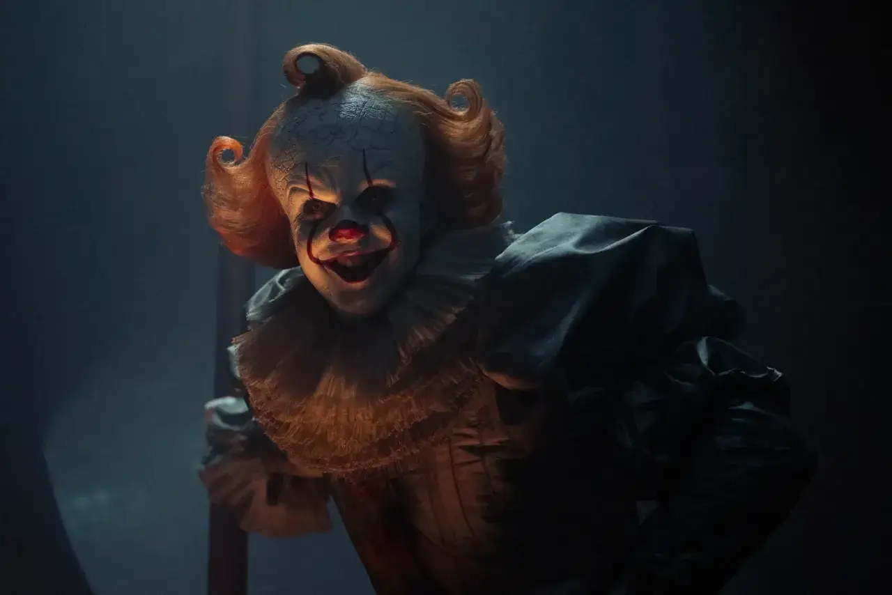 Przerażający klaun Pennywise z rudymi włosami i makabrycznym uśmiechem, w mrocznym, zadymionym otoczeniu.