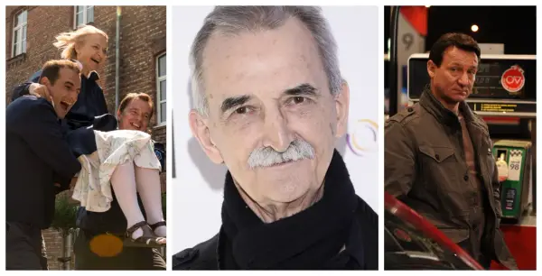 Kadr z życia Marka Koterskiego filmy: śmiech, portret i mężczyzna przy dystrybutorze paliwa.