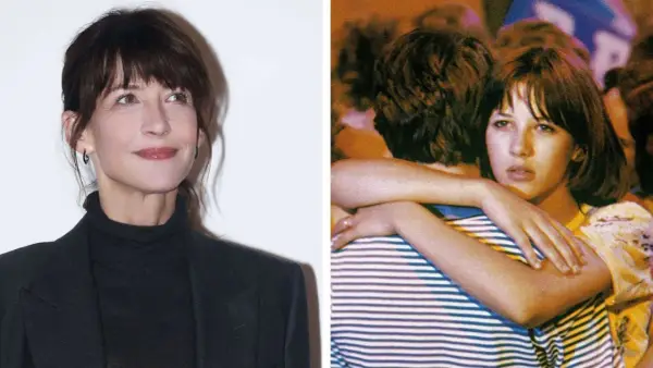 Sophie Marceau w kadrze z jednego ze swoich filmów, obok jej aktualnego portretu.